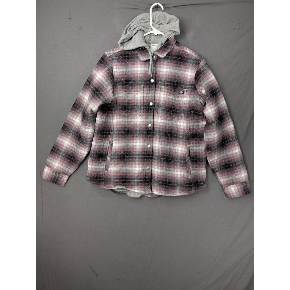 Dickies Womens Quilted Flannel Shirt Jacket Purple Plaid Hooded Size L FJ075B1E